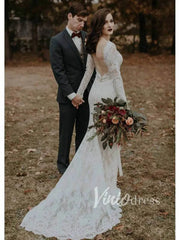 Sheath Lace Boho Wedding Dresses with Long Sleeves VW1183