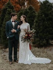 Sheath Lace Boho Wedding Dresses with Long Sleeves VW1183