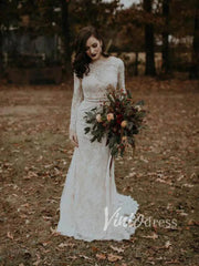 Sheath Lace Boho Wedding Dresses with Long Sleeves VW1183
