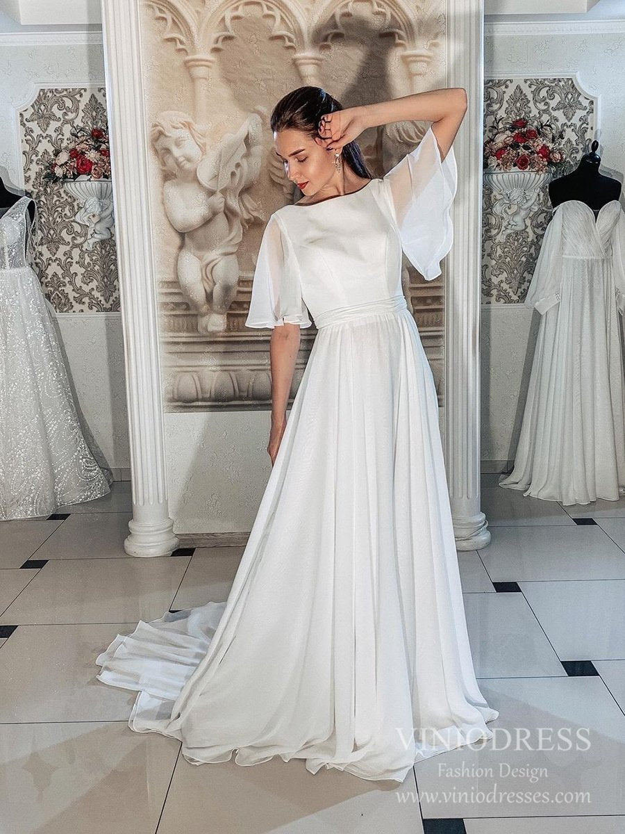 Short Sleeve A-line Chiffon Beach Wedding Dresses VW1820