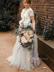 Short Sleeve Silver Country Wedding Dresses Open Back VW1270