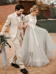 Short Sleeve Silver Country Wedding Dresses Open Back VW1270