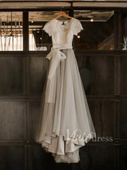 Short Sleeve Silver Country Wedding Dresses Open Back VW1270