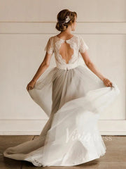 Short Sleeve Silver Country Wedding Dresses Open Back VW1270