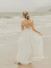 Simple A-line Tulle Beach Wedding Dresses with Lace Bodice VW1403