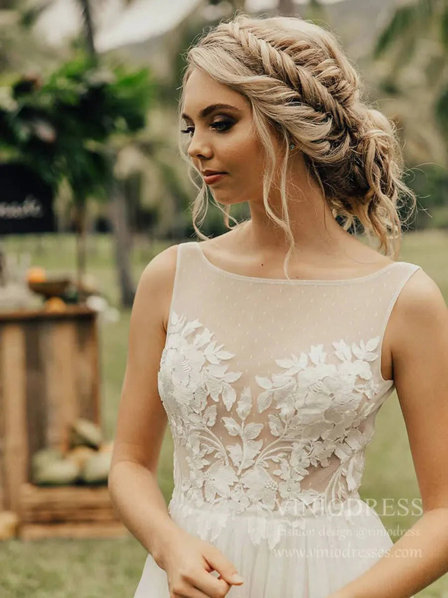 Simple A-line Tulle Beach Wedding Dresses with Lace Bodice VW1403