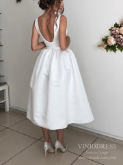 Simple A-line V-neck Midi Length Satin Wedding Dresses VW1831