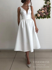 Simple A-line V-neck Midi Length Satin Wedding Dresses VW1831