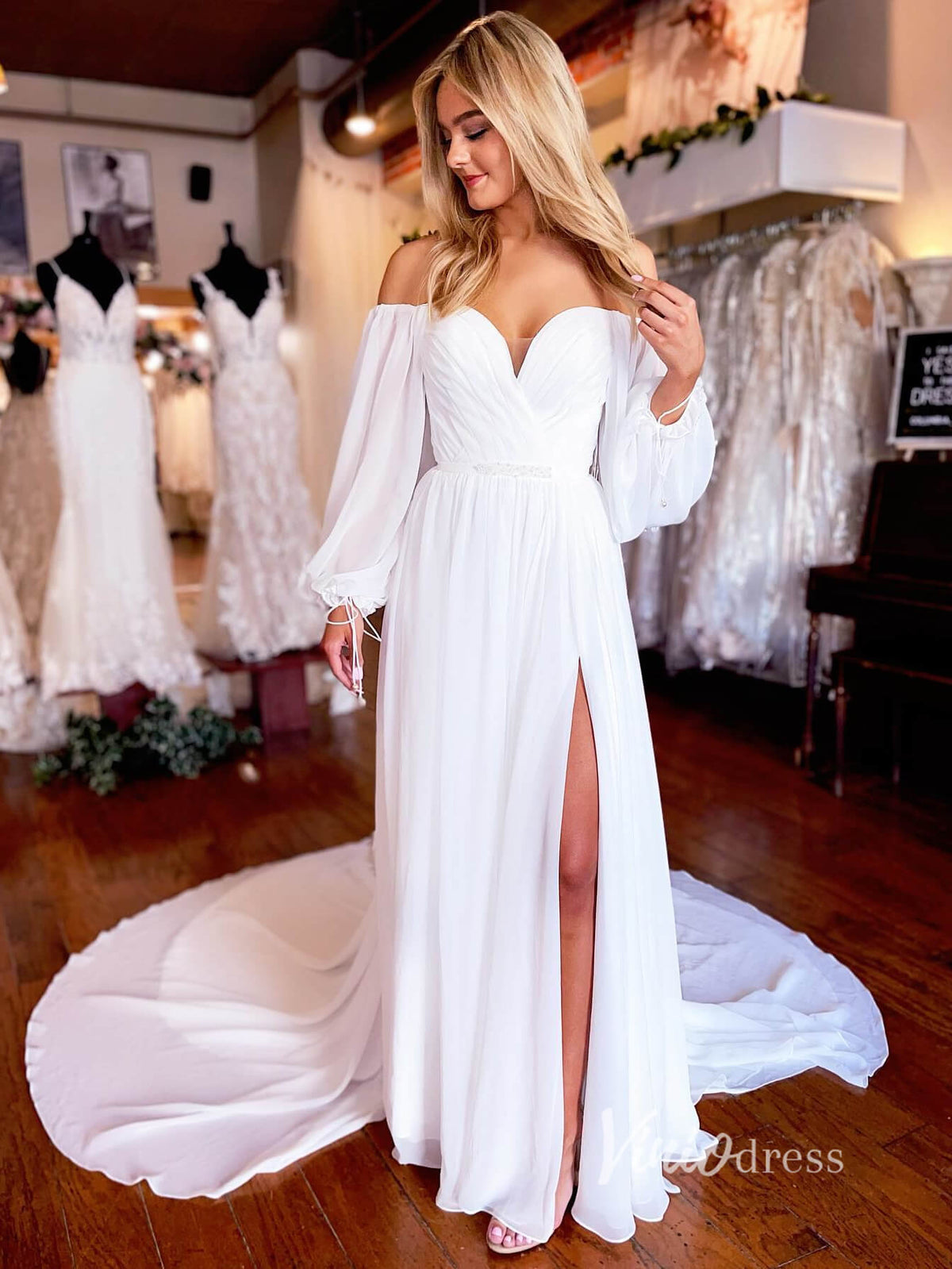 Simple Chiffon Wedding Dresses Puff Long Sleeve Bridal Dress VW2090
