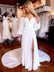 Simple Chiffon Wedding Dresses Puff Long Sleeve Bridal Dress VW2090