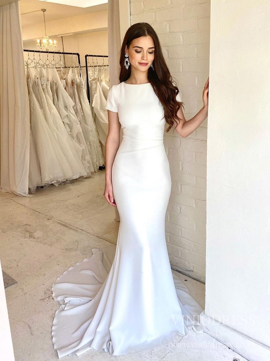 Simple Classy Short Sleeve Satin Mermaid Wedding Dresses VW1854