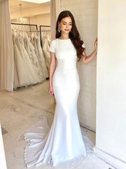 Simple Classy Short Sleeve Satin Mermaid Wedding Dresses VW1854