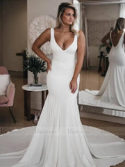 Simple Gorgeous Satin Mermaid Wedding Dresses with Long Train VW1349