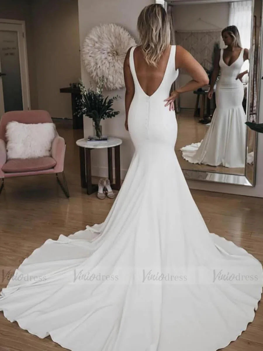 Simple Gorgeous Satin Mermaid Wedding Dresses with Long Train VW1349