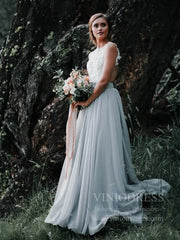 Simple Grey Rustic Wedding Dresses Lace Appliqued Chiffon Wedding Dress VW1418
