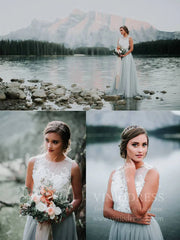 Simple Grey Rustic Wedding Dresses Lace Appliqued Chiffon Wedding Dress VW1418