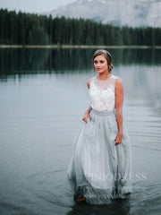 Simple Grey Rustic Wedding Dresses Lace Appliqued Chiffon Wedding Dress VW1418