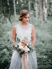 Simple Grey Rustic Wedding Dresses Lace Appliqued Chiffon Wedding Dress VW1418