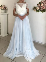 Simple Light Blue Beach Wedding Dresses with Sash VW1263