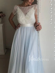 Simple Light Blue Beach Wedding Dresses with Sash VW1263