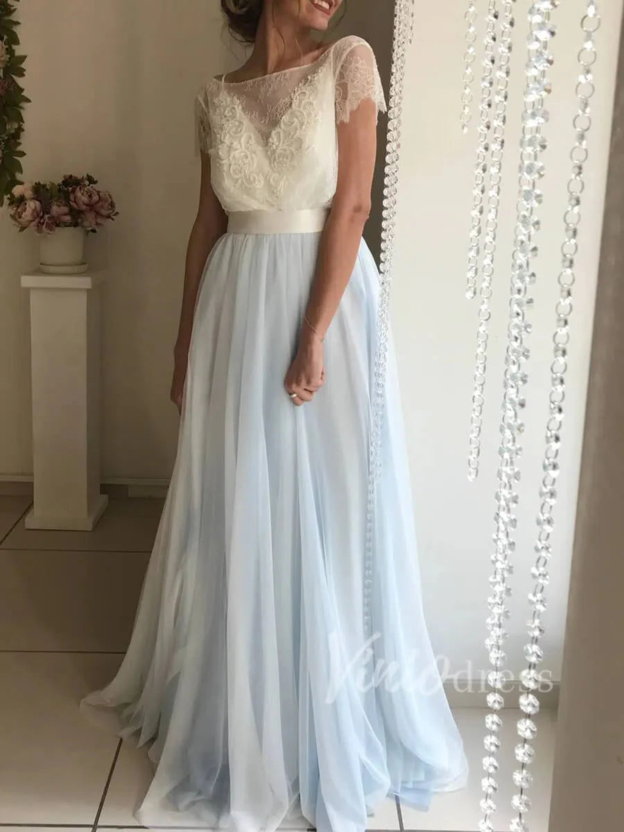 Simple Light Blue Beach Wedding Dresses with Sash VW1263