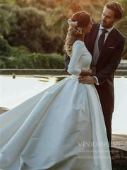 Simple Modest Ball Gown Wedding Dresses with 3/4 Sleeves VW1398