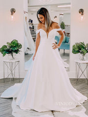 Simple Off the Shoulder Satin Wedding Dresses Chapel Train VW1843