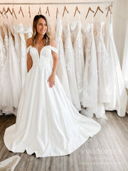 Simple Off the Shoulder Satin Wedding Dresses Chapel Train VW1843