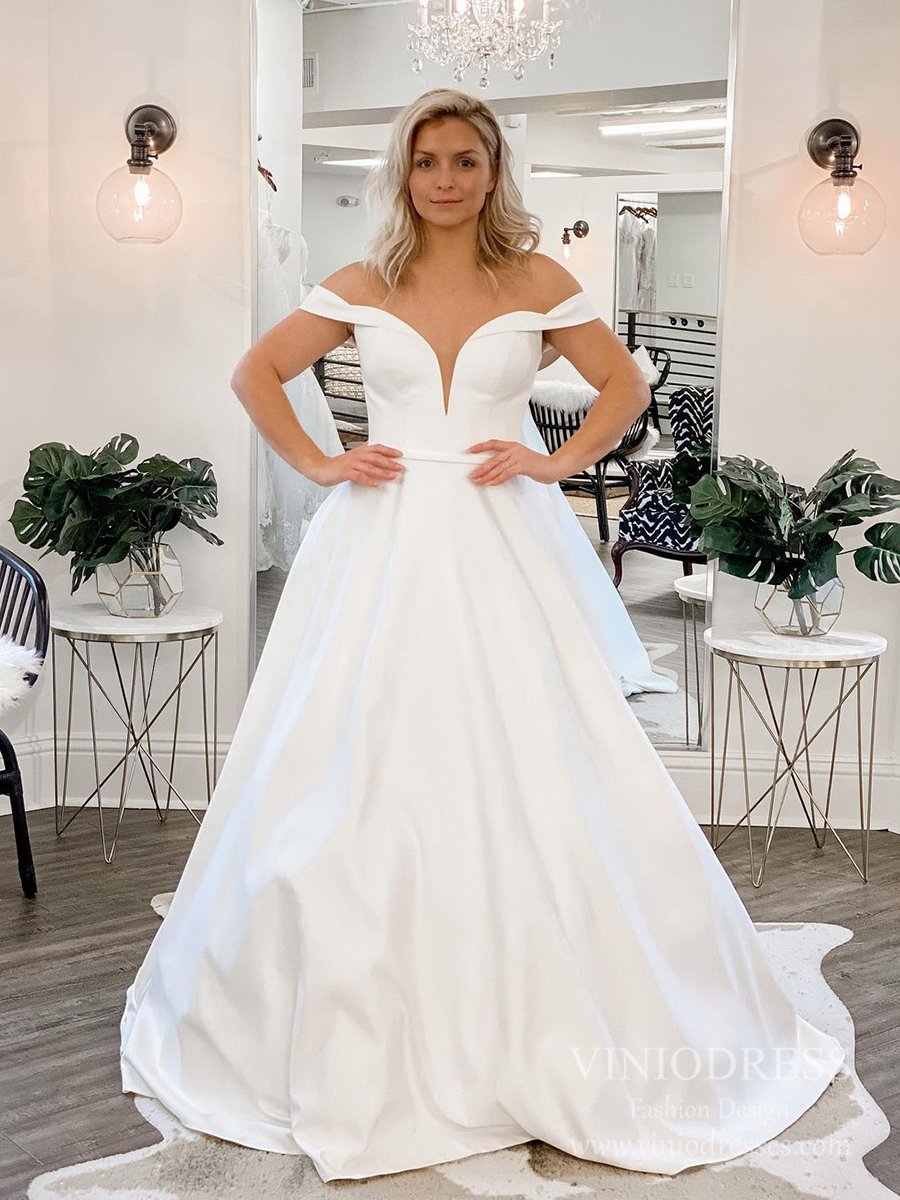Simple Off the Shoulder Satin Wedding Dresses Chapel Train VW1843