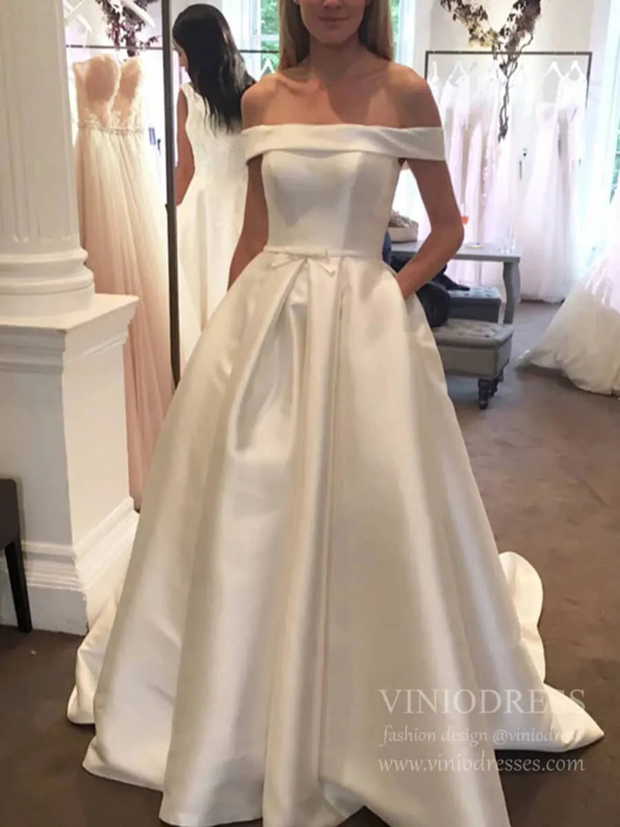 Simple Off the Shoulder Wedding Dresses with Pockets VW1394