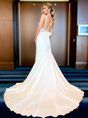 Simple Sheath Minimalist Wedding Dresses Spaghetti Strap V-neck VW2089