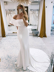 Simple Sheath Satin Wedding Dresses Off the Shoulder VW2141