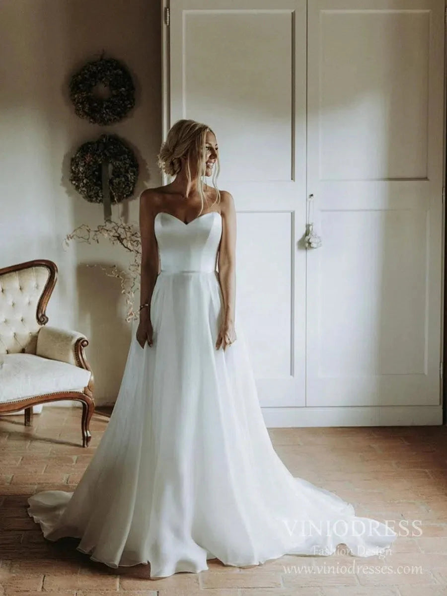 Simple Strapless A-line Wedding Dresses with Veil VW1828