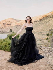 Simple Strapless Black Tulle Bridal Dresses Wedding Photography Dress VW1227