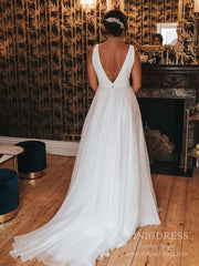 Simple V-neck A-line Rustic Wedding Dresses Backless VW1829