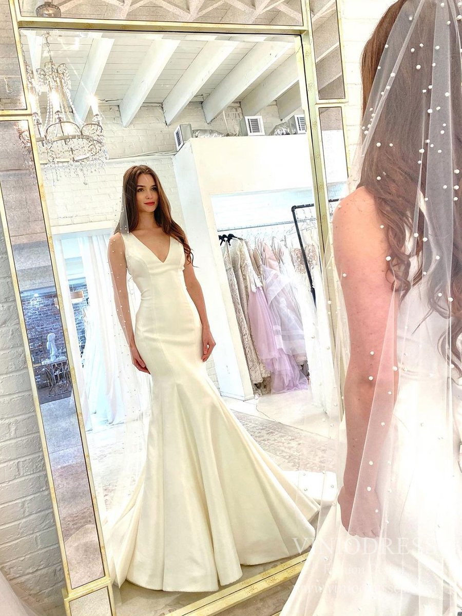 Simple V-neck Ivory Satin Mermaid Wedding Dresses VW1874