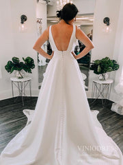 Simple V-neck Minimalist Wedding Dresses Satin Bridal Gown VW1567