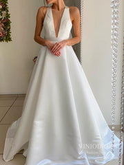 Simple V-neck Open Back Satin Wedding Dresses with Bow VW1833