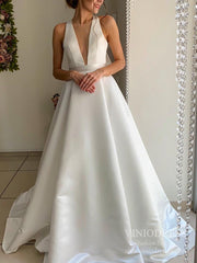 Simple V-neck Open Back Satin Wedding Dresses with Bow VW1833