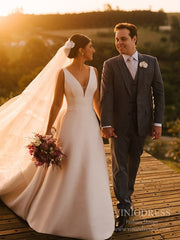 Simple V-neck Satin Wedding Dresses with Detachable Tail VW1877