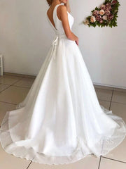 Simple V Neck Sparkly Wedding Dresses Low Back Bridal Dress VW1460