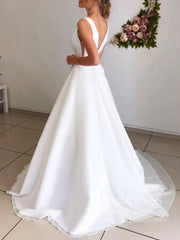 Simple V Neck Sparkly Wedding Dresses Low Back Bridal Dress VW1460