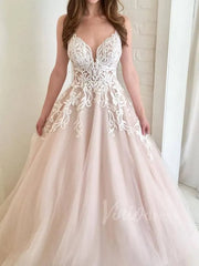 Spaghetti Strap Beaded Champagne Beach Wedding Dresses VW1278