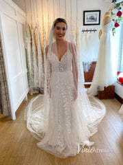 Spaghetti Strap Bell Orchid Lace Wedding Dresses with Slit VW2126