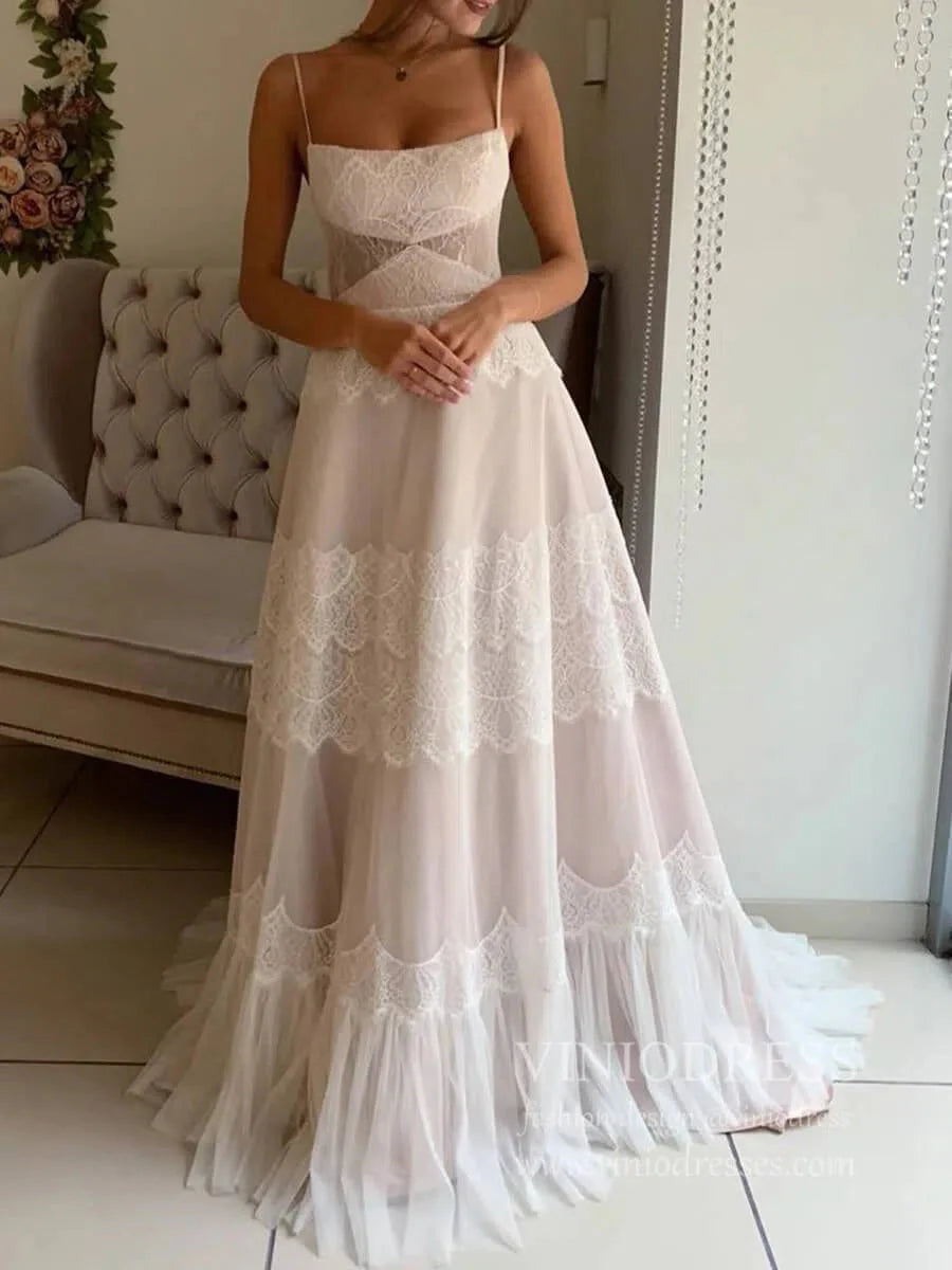 Spaghetti Strap Bohemian Lace Beach Wedding Dresses VW2104