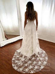 Spaghetti Strap Bohemian Lace Beach Wedding Dresses with Slit VW1467