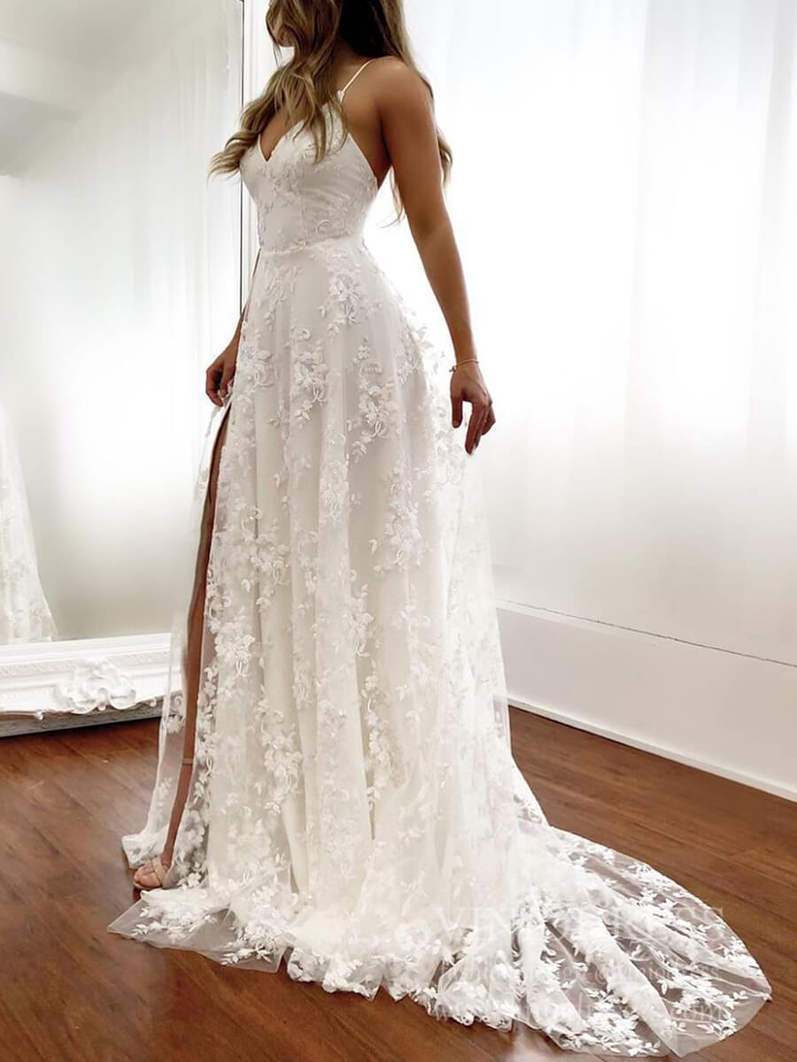 Spaghetti Strap Bohemian Lace Beach Wedding Dresses with Slit VW1467