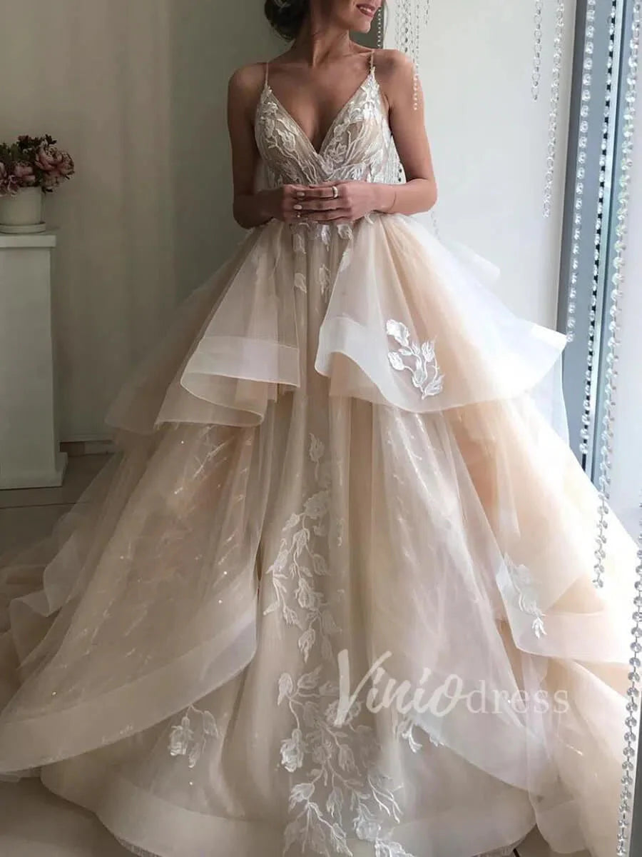 Spaghetti Strap Champagne Lace Wedding Dresses Ball Gown VW1258