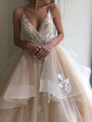 Spaghetti Strap Champagne Lace Wedding Dresses Ball Gown VW1258