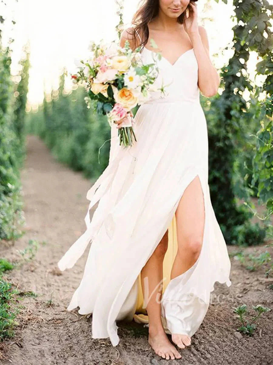 Spaghetti Strap Chiffon Beach Wedding Dresses with Slit VW1248